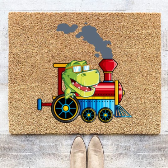 Discover Funny Dinosaur Riding A Train Tyrannosaurus Dino B Coir Doormats