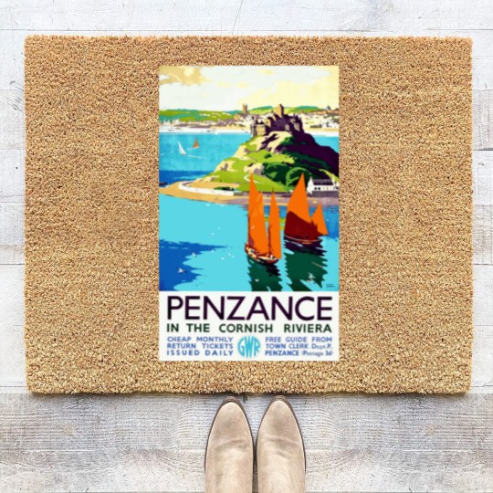 Discover Penzance in the Cornish Riviera - Vintage British Travel Poster Art - Travel - Coir Doormats
