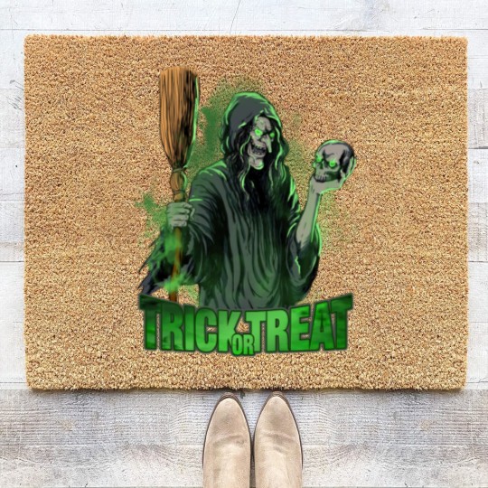 Discover Scary evil Witch with Skull and Broom Halloween Coir Doormats