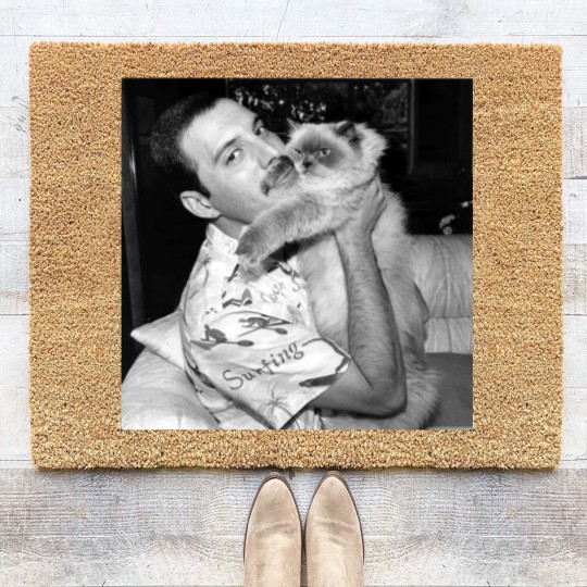 Discover Freddie Mercury and his cat photo Coir Doormats, Freddie Mercury Coir Doormats