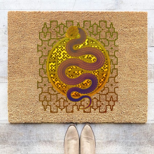 Discover Cosmic Serpent, Kene Anaconda Shipibo Pattern Coir Doormats