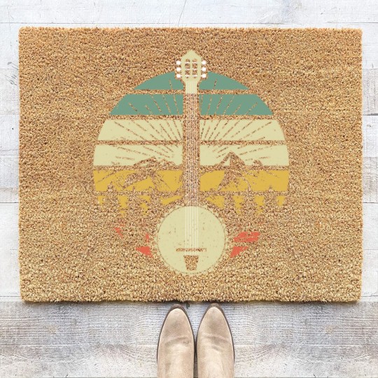 Discover Retro Banjo Mountains And Sun 80's Graphic Gift Coir Doormats
