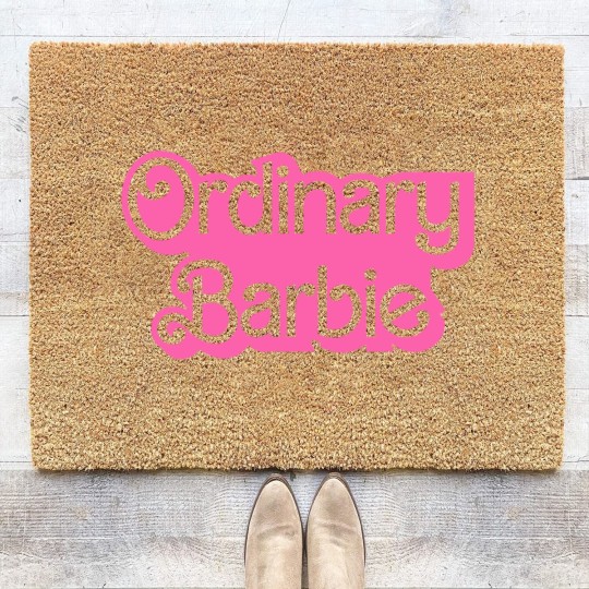Discover Ordinary Barbie Unisex Coir Doormats Jersey Short Sleeve Coir Doormats in White and Barbie Pink