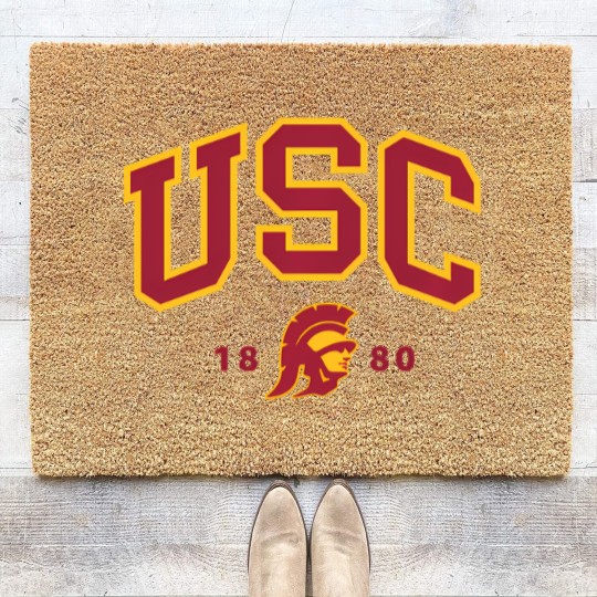 Discover usc curved block logo with cardinal gold trojan 1880 sweat Coir Doormats