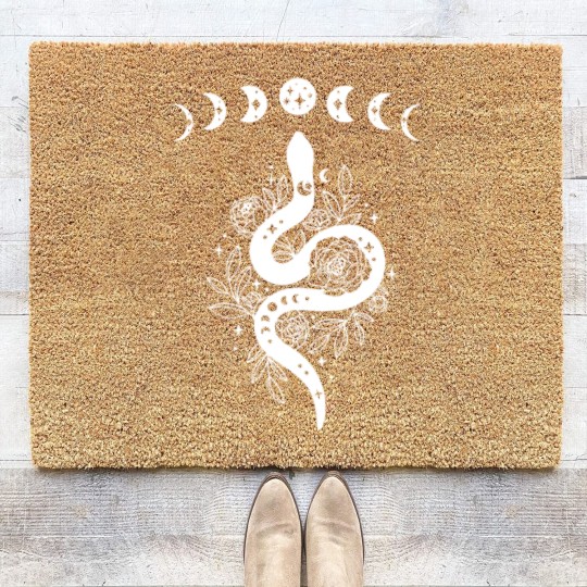 Discover Celestial Snake, Mystical Lunar Snake, Celestial Mystical Floral Moon Snake Coir Doormats