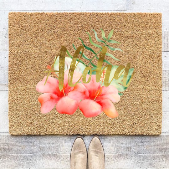 Discover Tropical Leaves Hibiscus Floral Watercolor Aloha Coir Doormats