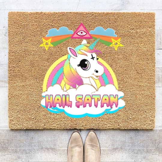 Discover Hail Satan Unicorn Rainbow Painting Drawing Design Coir Doormats