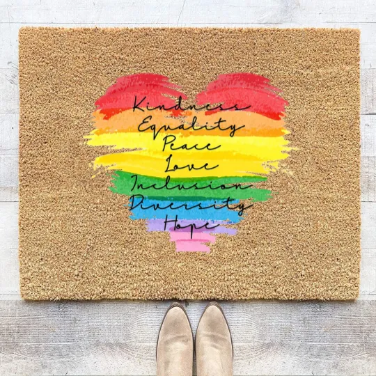 Discover Kindness Equality Peace Love Inclusion Diversity Hope Coir Doormats, LGBT Rainbow Coir Doormats