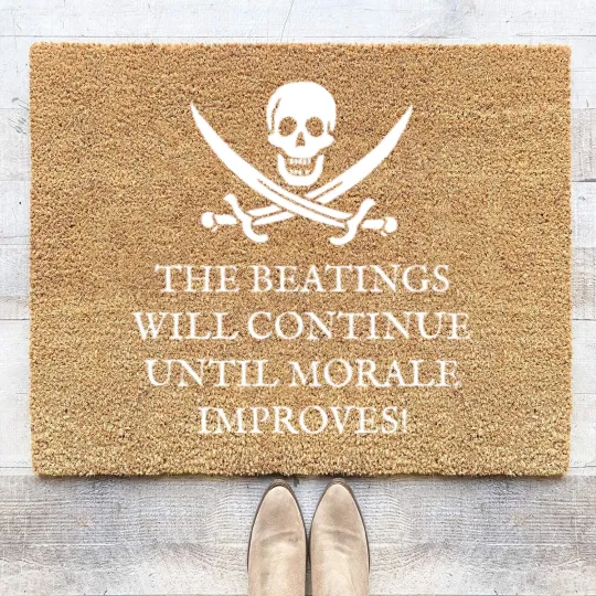 Discover Skull and Crossbones Pirates Life - The Beatings Will Continue Until Morale Improves! Coir Doormats