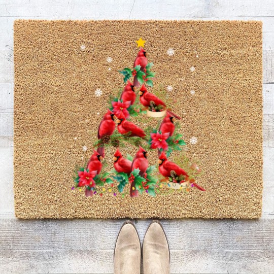 Discover Vintage Christmas Cardinal Birds Snowings Xmas Tree Lights Coir Doormats