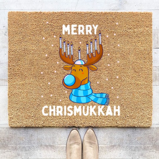 Discover Merry Chrismukkah Jewish Christmas Hanukkah Reindeer Menorah Coir Doormats