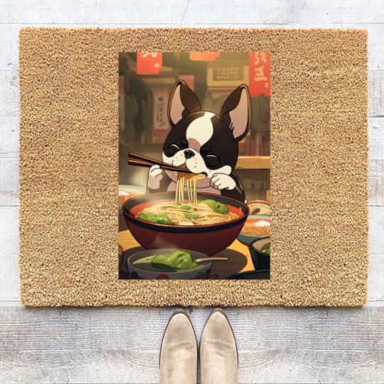Discover Boston Terrier Eating Ramen Coir Doormats