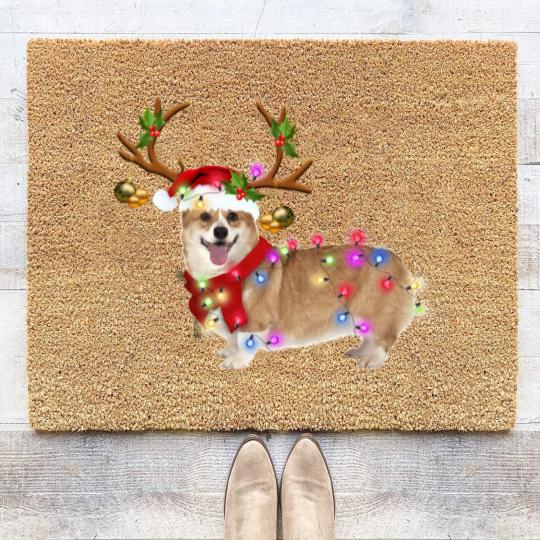 Discover Christmas Corgi Reindeer Coir Doormats, Santa's Hat Corgi Coir Doormats