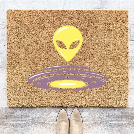 Discover Alien UFO motif alien head saucer design Coir Doormats