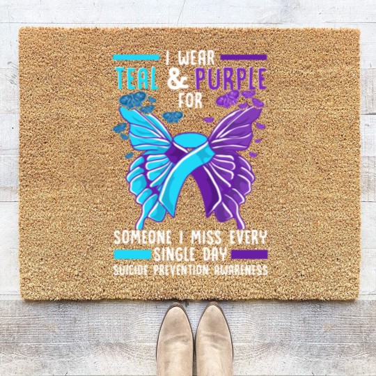 Discover Teal And Purple Ribbon Suicide Prevention Awarenes Coir Doormats