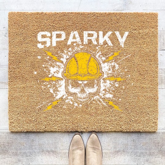 Discover Sparky Grounded Voltage Electrician Lineman Skull Coir Doormats