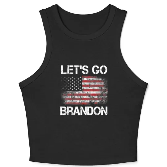 Discover Let's Go Brandon Vintage American Flag Patriotic on back Crop Tank Top
