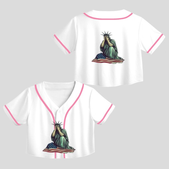 Discover Crying Statue of Liberty Crop Top Baseball Jerseys, Political Protest Crop Top Baseball Jerseys Patriotic American Flag Crop Top Baseball Jerseys