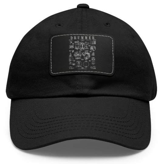 Discover Drum Set Kit Vintage Patent Drummer Drawing Print WHITE - Drummer - Dad Hat With Leather Patch