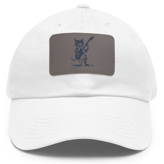 Discover Cat Strumming the Guitar Dad Hat With Leather Patch, Cat Playing Bass Guitar Dad Hat With Leather Patch