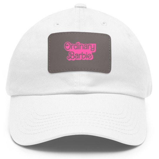 Discover Ordinary Barbie Unisex Dad Hat With Leather Patch Jersey Short Sleeve Dad Hat With Leather Patch in White and Barbie Pink