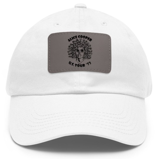 Discover Alice Cooper Men's Dad Hat With Leather Patch, Medusa USA Tour 1973 Cover White Graphic Dad Hat With Leather Patch
