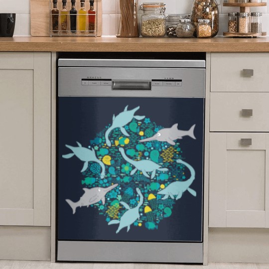 Discover Swimming with Plesiosaurs - cute prehistoric animal design - Swimming - Dish Washer Covers