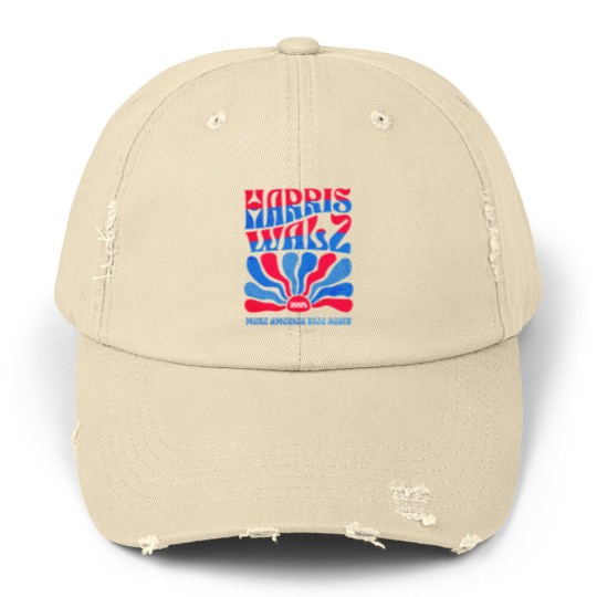 Discover Harris Walz 2024 Vintage Boho Groovy Retro red Blue Kamala Harris 2024 - Harris Walz 2024 - Unisex Distressed Caps
