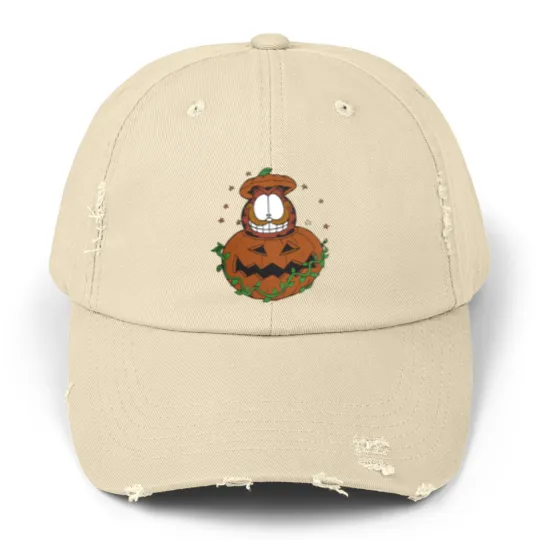 Discover Halloween Garfield Pumpkin Unisex Distressed Caps, Halloween Pumpkin Garfield Cat Unisex Distressed Caps