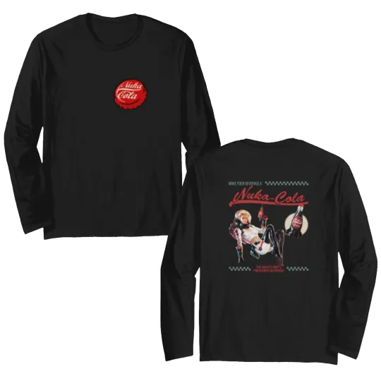Discover Falllout Graphic Double Sided Long Sleeves,  Nuka Cola Bottle Cap with Vintage Ad on Back, Video Game Double Sided Long Sleeves