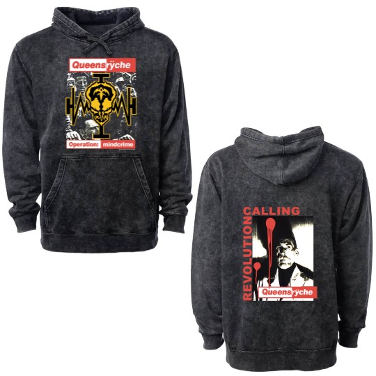 Discover Vintage 80s Queensryche operation:mindcrime rock band Double Sided Mineral Wash Hoodies