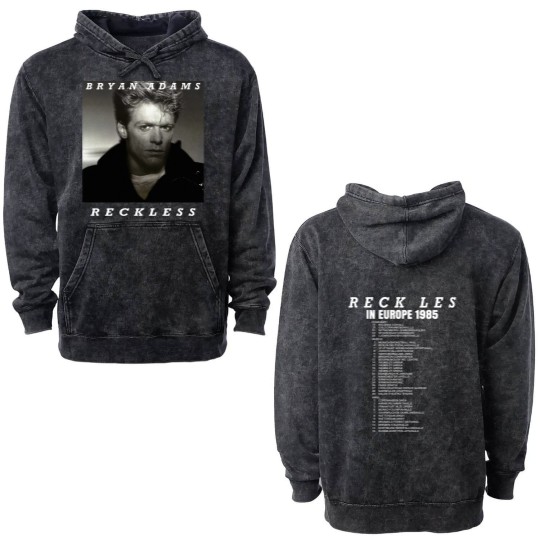 Discover Vintage Bryan Adams Reckless In Europe Promo Album Tour Concert Double Sided Mineral Wash Hoodies