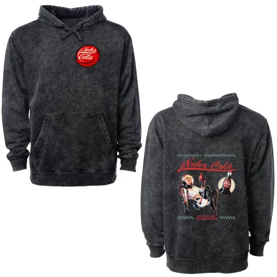 Discover Falllout Graphic Double Sided Mineral Wash Hoodies,  Nuka Cola Bottle Cap with Vintage Ad on Back, Video Game Double Sided Mineral Wash Hoodies