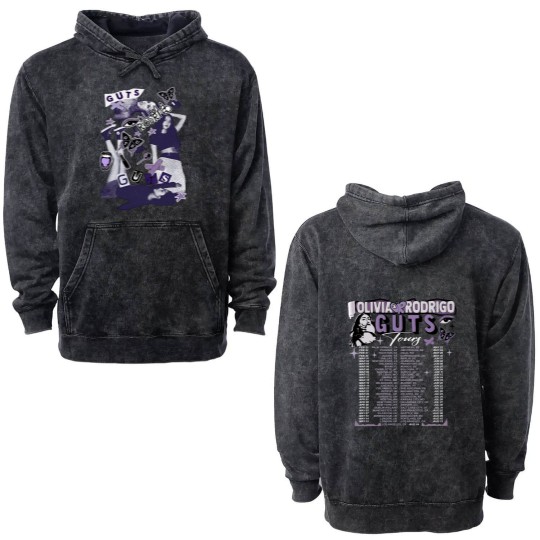 Discover Olivia Rodrigo Guts Double Sided Mineral Wash Hoodies, Olivia Rodrigo Guts Merch, Guts Tour 2024 Double Sided Mineral Wash Hoodies