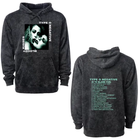 Discover TYPE O NEGATIVE 1993 Bloody Kisses Vintage Band Tour Double Sided Mineral Wash Hoodies