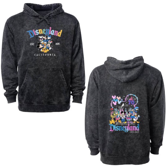 Discover Disneyyland 70th anniversary Double Sided Mineral Wash Hoodies, Mickeyy & friends Disneyyland castle 1955-2025 Double Sided Mineral Wash Hoodies