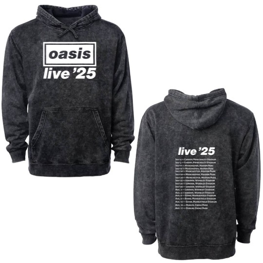 Discover Oasis Live 25 Tour Double Sided Mineral Wash Hoodies – Unisex Britpop Rock Heavyweight Double Sided Mineral Wash Hoodies