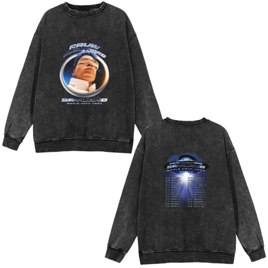 Discover Rauw Alejandro Double Sided Mineral Wash Sweatshirts Saturno World Tour 2023 Rauw Alejandro Tour 2023 Double Sided Mineral Wash Sweatshirts