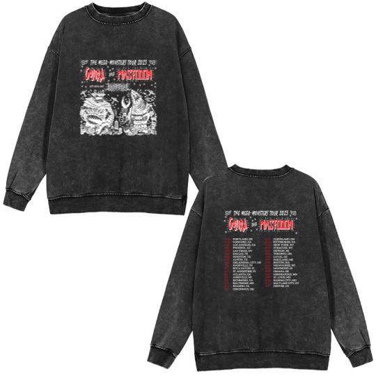 Discover Color Gojira and Mastodon The Mega Monsters Tour 2023 Double Sided Mineral Wash Sweatshirts