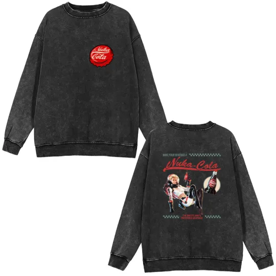 Discover Falllout Graphic Double Sided Mineral Wash Sweatshirts,  Nuka Cola Bottle Cap with Vintage Ad on Back, Video Game Double Sided Mineral Wash Sweatshirts