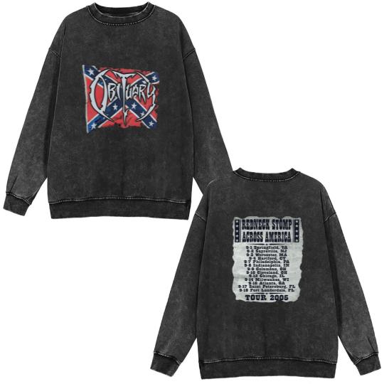 Discover OBITUARY Redneck Stomp Across America Tour vtg Double Sided Mineral Wash Sweatshirts