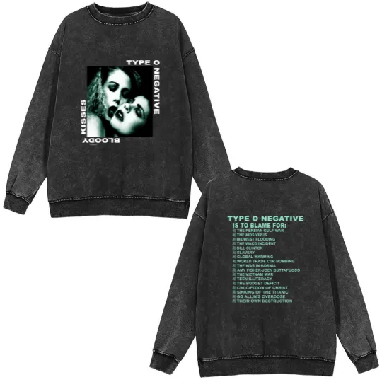Discover TYPE O NEGATIVE 1993 Bloody Kisses Vintage Band Tour Double Sided Mineral Wash Sweatshirts