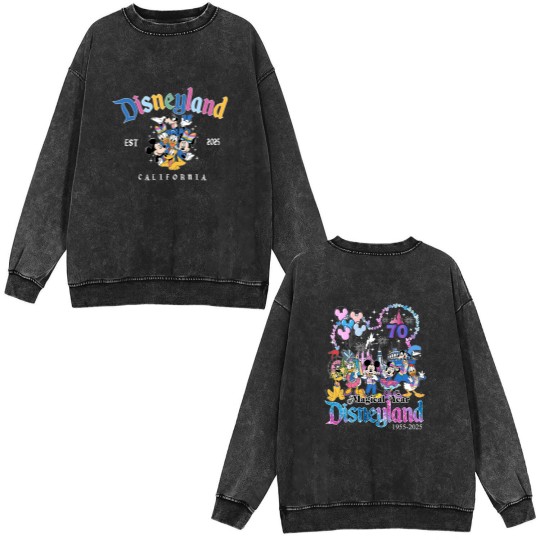 Discover Disneyyland 70th anniversary Double Sided Mineral Wash Sweatshirts, Mickeyy & friends Disneyyland castle 1955-2025 Double Sided Mineral Wash Sweatshirts