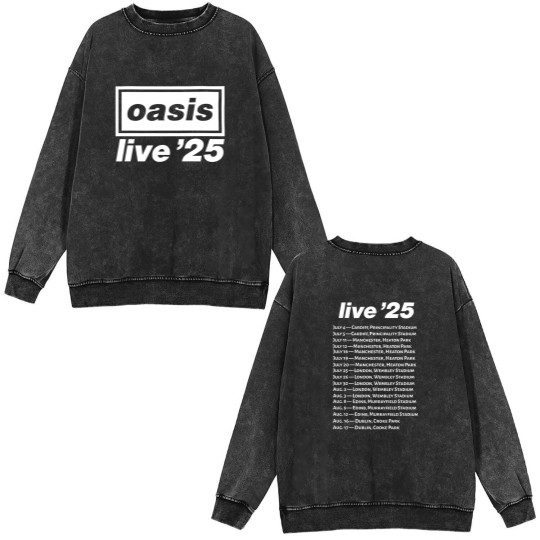 Discover Oasis Live 25 Tour Double Sided Mineral Wash Sweatshirts – Unisex Britpop Rock Heavyweight Double Sided Mineral Wash Sweatshirts
