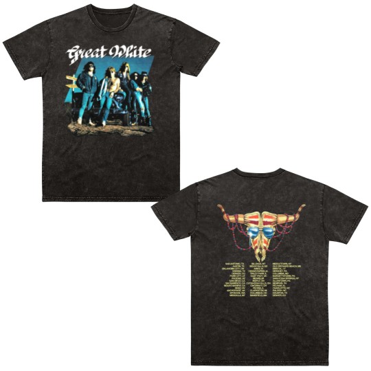 Discover Great White 1991 Hooked Tour Double Sided Mineral Wash T Shirts, Music Double Sided Mineral Wash T Shirts, Rock Double Sided Mineral Wash T Shirts