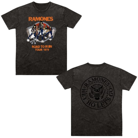 Discover Ramones Road to Run Tour 1979 Double Sided Mineral Wash T Shirts, Ramones Hey Ho Let's Go Double Sided Mineral Wash T Shirts
