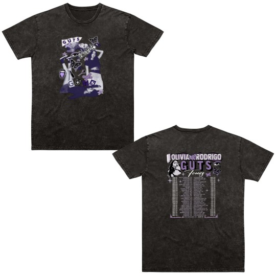 Discover Olivia Rodrigo Guts Double Sided Mineral Wash T Shirts, Olivia Rodrigo Guts Merch, Guts Tour 2024 Double Sided Mineral Wash T Shirts