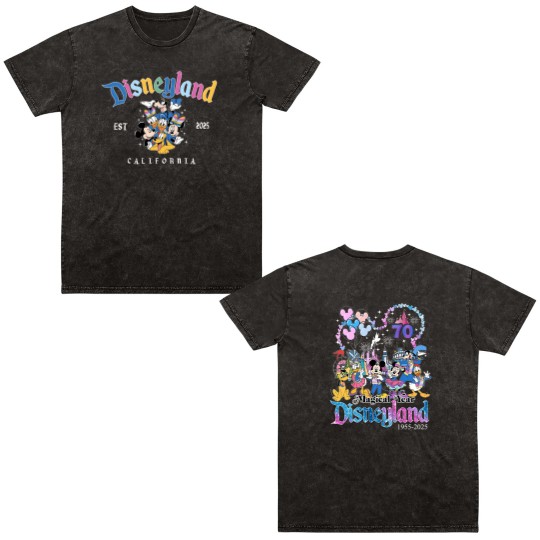 Discover Disneyyland 70th anniversary Double Sided Mineral Wash T Shirts, Mickeyy & friends Disneyyland castle 1955-2025 Double Sided Mineral Wash T Shirts