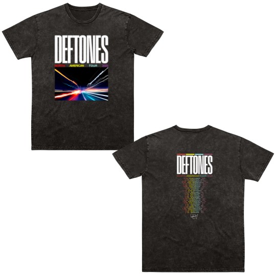 Discover Deftone 2025 Tour Merch North American Dates Double Sided Mineral Wash T Shirts.