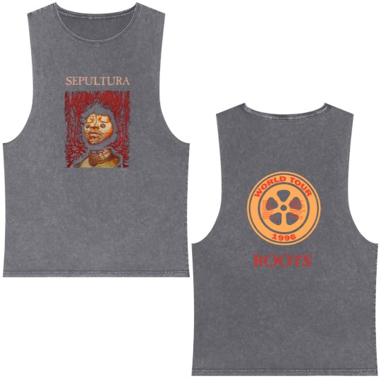 Discover Vintage 1996 Sepultura Roots World Tour Double Sided Mineral Wash Tank Tops, Sepultura Double Sided Mineral Wash Tank Tops, Sepultura Double Sided Mineral Wash Tank Tops